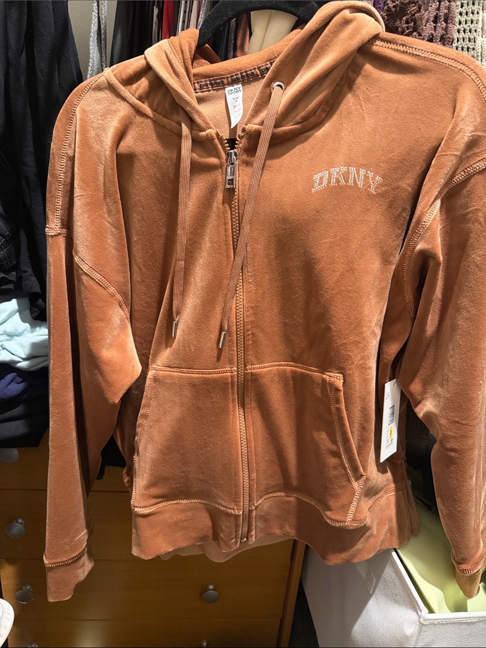 DKNY Rust-Tone Zip-Up Teddy Hoodie
